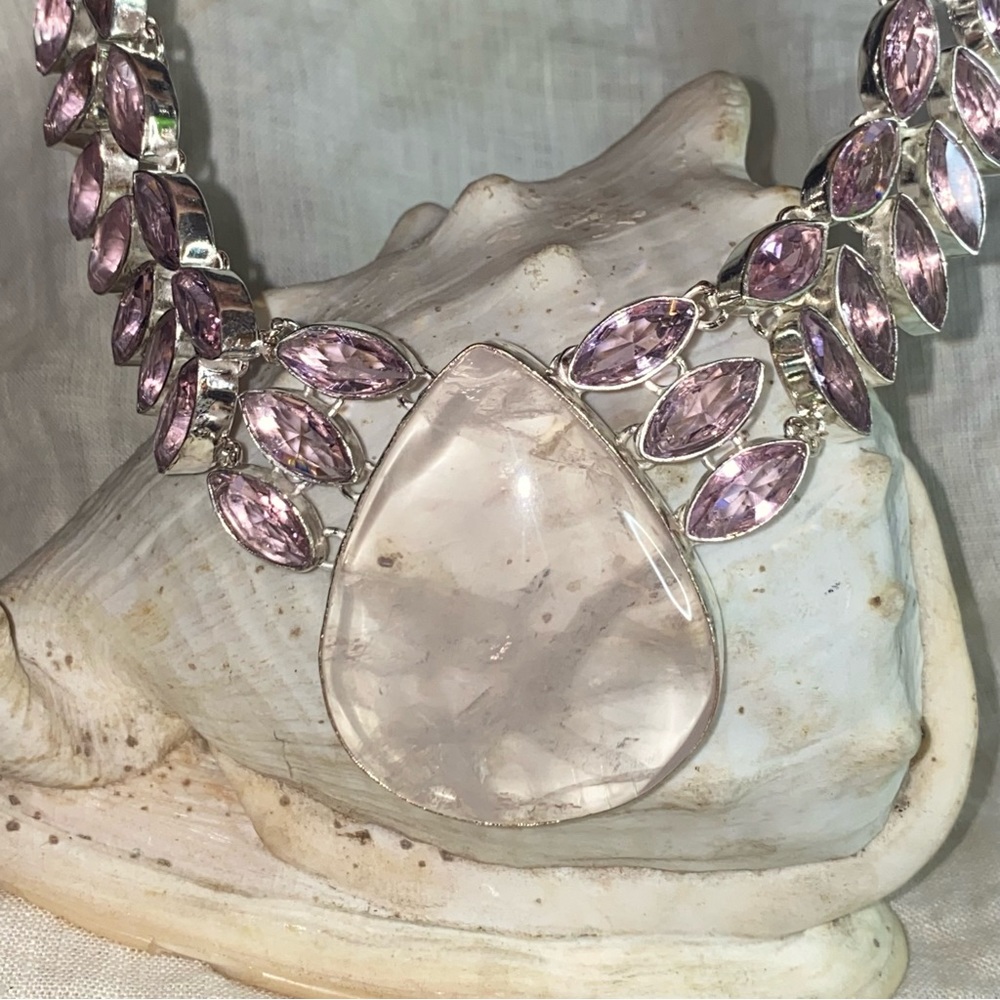 Exquisite Rose Quartz + Pink Topaz statement cluster Necklace